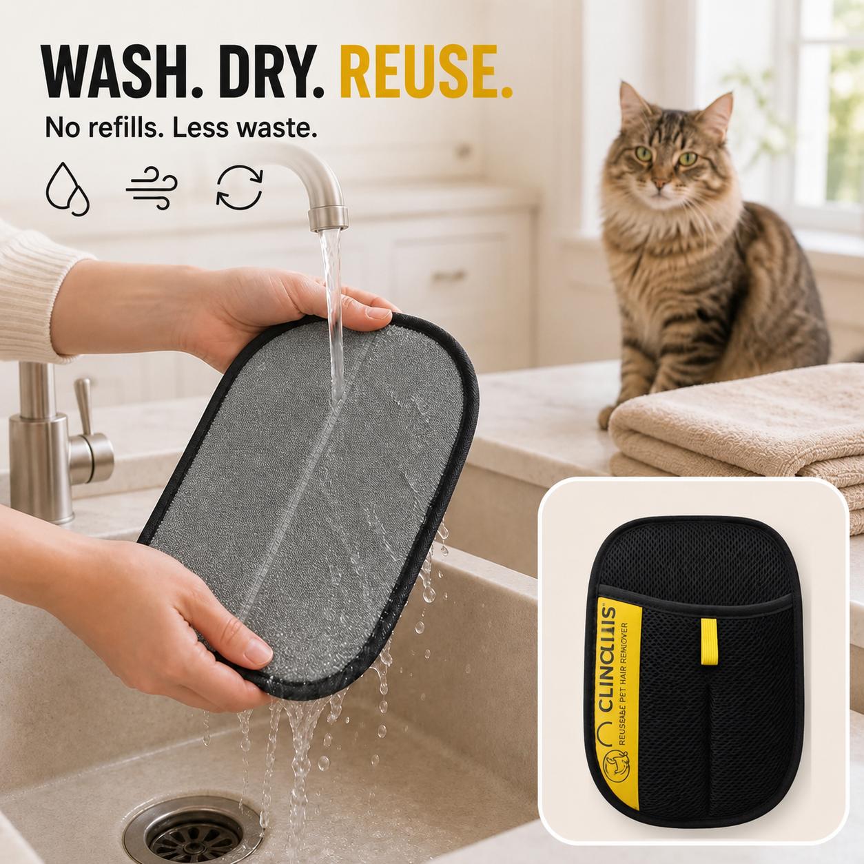 CLINCLIIS Pet Hair Remover Glove for Cats & Dogs, Reusable Lint Remover for Couch, Carpet & Clothes