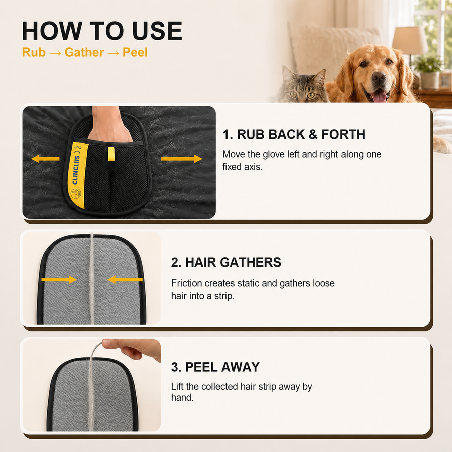 CLINCLIIS Pet Hair Remover Glove for Cats & Dogs, Reusable Lint Remover for Couch, Carpet & Clothes